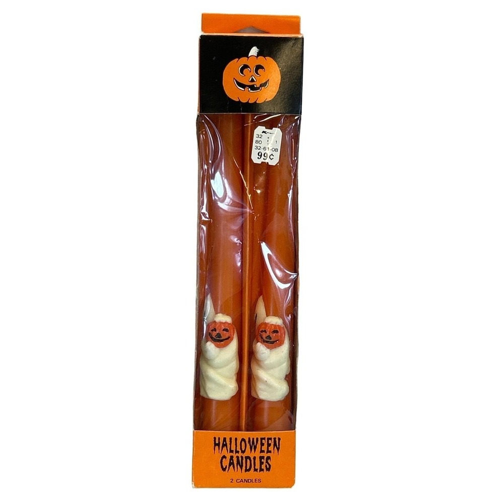 Vintage K-Mart 2-Pack Halloween Taper Candles Orange Ghost holding Pumpkin